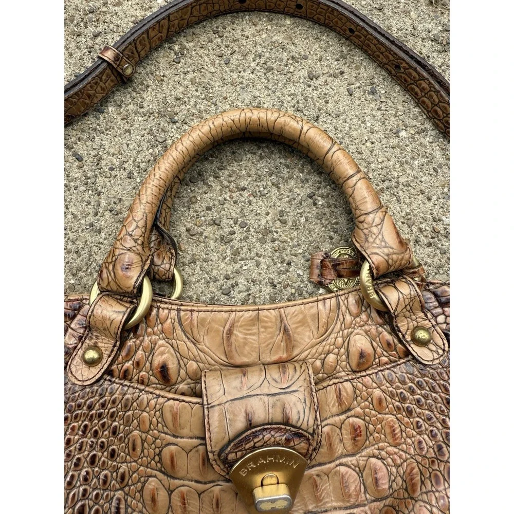 Vintage Brahmin Mini Elisa‎ Toasted Almond Tan Leather Satchel Handbag w Strap